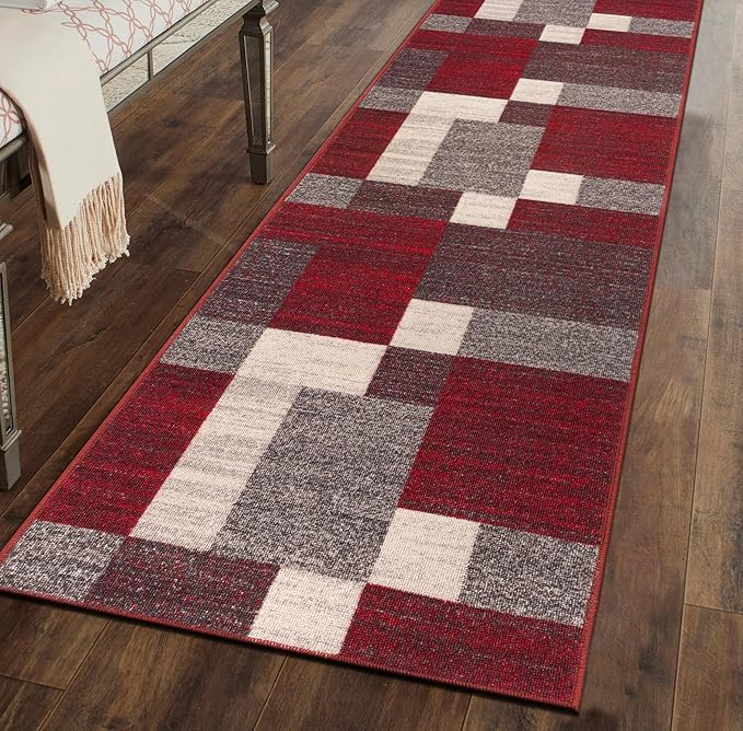 Rugshop Red Modern Geometric Boxes Non-Slip Area Rug Non-Shedding for Hallway, Entryway and Kitchen, 2' x 7'2" (22" X 84")