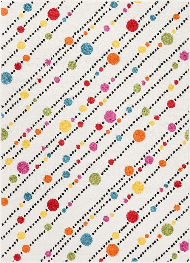 Well Woven Modern Rug Dandy Dots Stripes Ivory 3'3'' x 5' Accent Area Rug Entryway Bright Kids Room Kitchn Bedroom Carpet Bathroom Soft Durable Area Rug