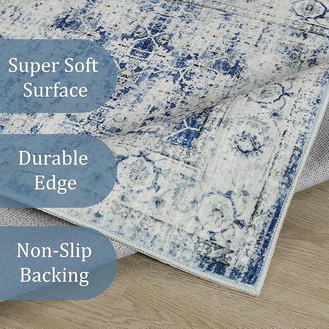 Morebes Vintage Rug Runners for Hallways Non Slip,Washable Runner Rug 2x10, Soft Long Distressed Non-Shedding Throw Carpet Runner Rug for Entryway Kitchen Laundry Living Room, Blue