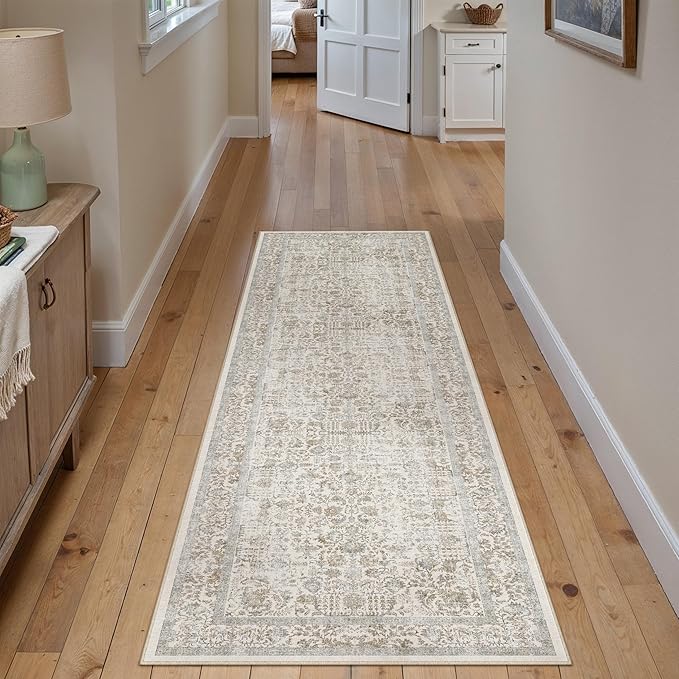 Taupe Runner Rug 2x5 Hallway Machine Washable Kitchen Vintage Distressed Non Slip Long Carpet Indoor Retro Floral Bedroom Accent Throw Rug for Bathroom Office Laundry Dining Living Room