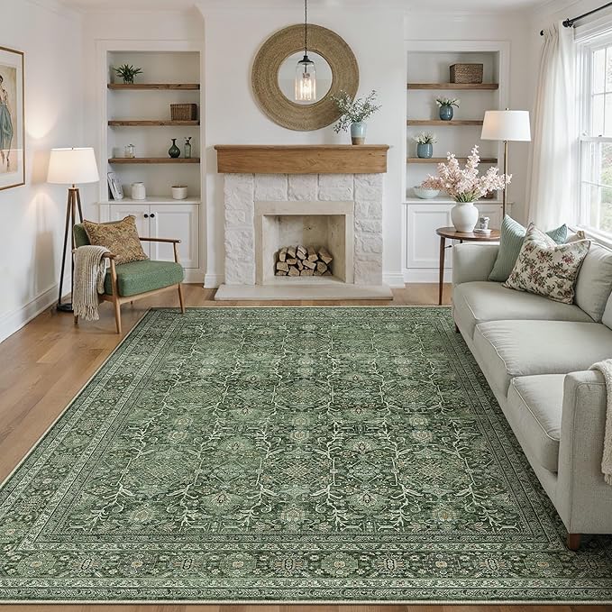 Area Rug 6x9 Green Washable Living Room Carpet Soft Non Slip Vintage Bedroom Indoor Office Traditional Retro Distressed Large Thicker Throw Rug for Dining Room Kitchen Playroom