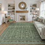 Area Rug 9x12 Green Washable Living Room Carpet Soft Non Slip Vintage Bedroom Indoor Office Traditional Retro Distressed Large Thicker Throw Rug for Dining Room Playroom