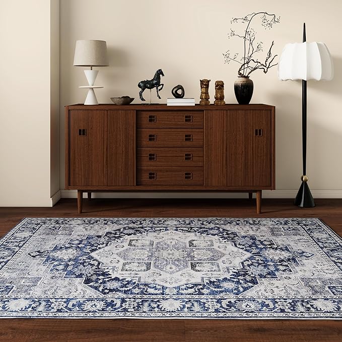 DUKINO 3x5 Rugs for Living Room, Soft Non-Slip Washable Area Rugs, Faux Wool Bedroom Rug with Non-Shedding, Indoor Low-Pile Boho Rugs for Dining Room, Home Office, Blue