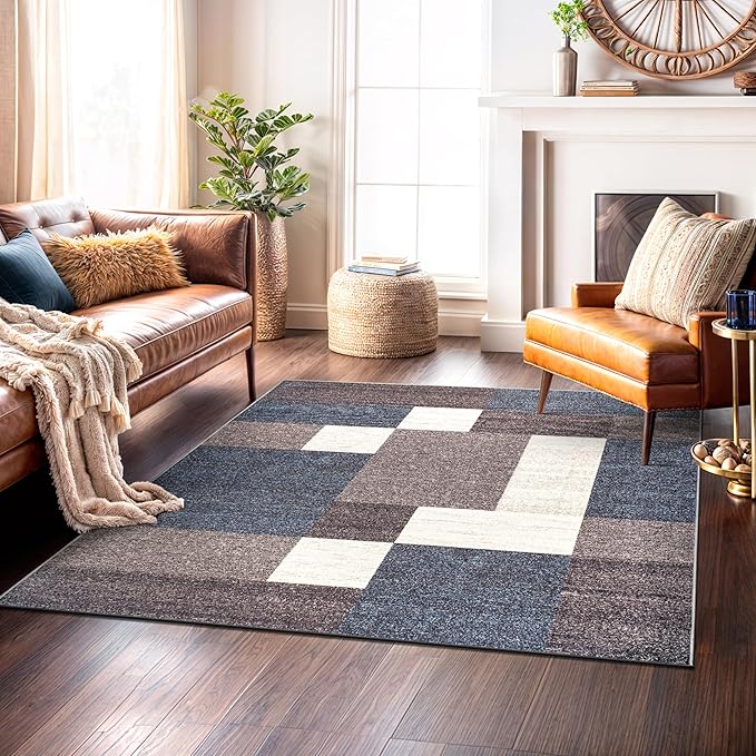 Rugshop Modern Boxes Design Non-Slip (Non-Skid) Carpet Square Area Rug for Living Room,Bedroom,Dining Room,Office 6'6" x 6'6" Blue Sq