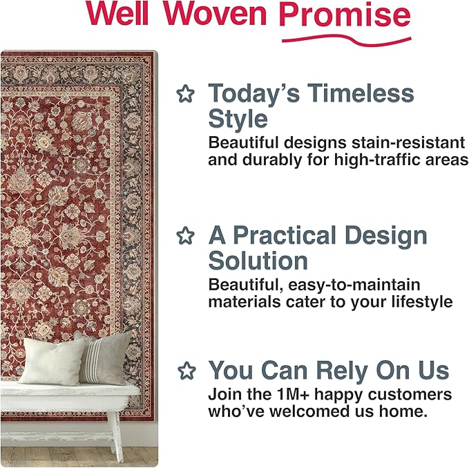 Well Woven Asha Rome Red 9'10" x 13' Area Rug - Oriental Floral Pattern, Easy Clean, Floor-Friendly Backing - for Living Room, Bedroom, and Dining Room