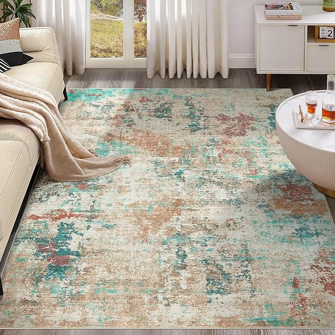 6x9 Christmas Area Rug Living Room Rugs - Washable Neutral Modern Abstract Soft Thin Large Rug Indoor Floor No Slip Rug Carpet for Bedroom Under Dining Table Home Office Decor - Colorful