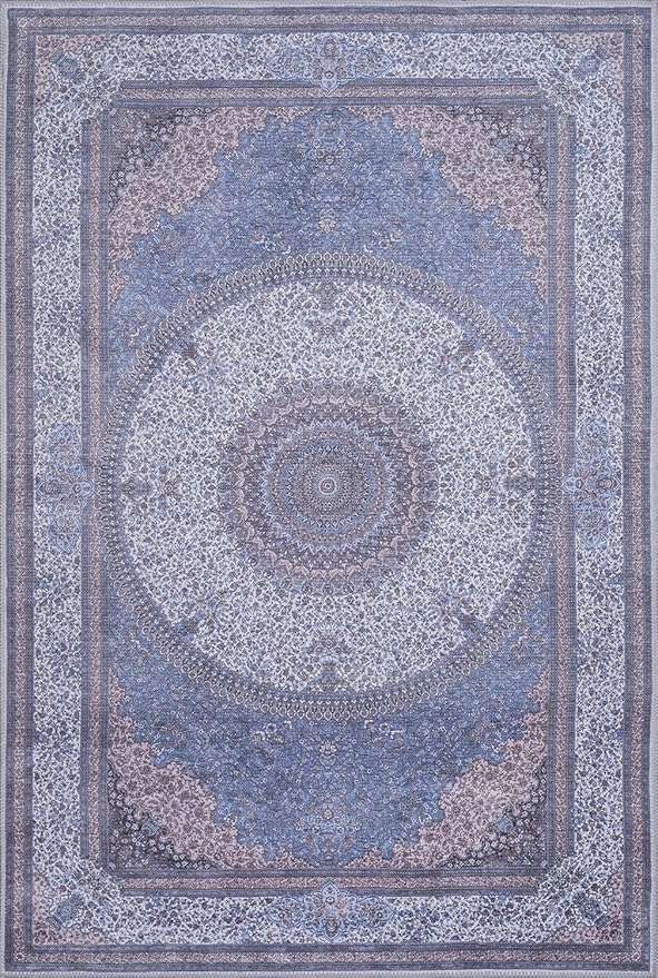 GLN Rugs Traditional Collection - Machine Washable Area Rug, Traditional Washable, Non Slip, Low Pile Chenille Rug, Living Room, Bedroom, Kitchen Rug (5' x 7' Navy/Off White)