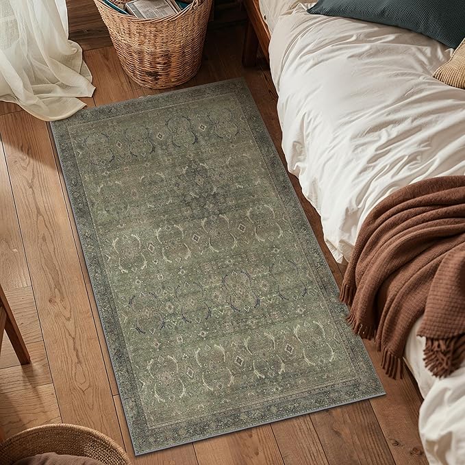 2x3 Entrance Rug Machine Washable Rug Small Door Mat,Ultra-Thin Low Pile Pad,Lightweight Indoor Carpet,Non Slip Floral Area Rug for Entryway,Bedside,Kids Room,Laundry,Bathroom,Muted Green