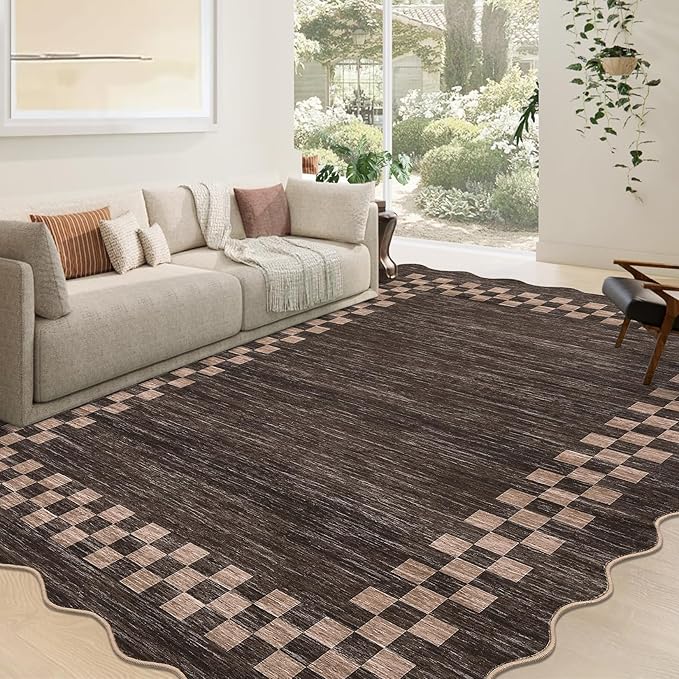 GarveeHome Scalloped Washable Rug 9x12 Area Rug for Living Room Modern Border Large Bedroom Throw Carpet with Rubber Backing Stain Resistant Boho Rug for Dining Room Home Decor Office, Brown