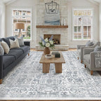 Navy Blue Area Rug 9x12 Machine Washable Large Vintage Living Room Distressed Non Slip Carpet Traditional Indoor Bedroom Retro Floral Accent Throw Rug for Office Kitchen Dining Room