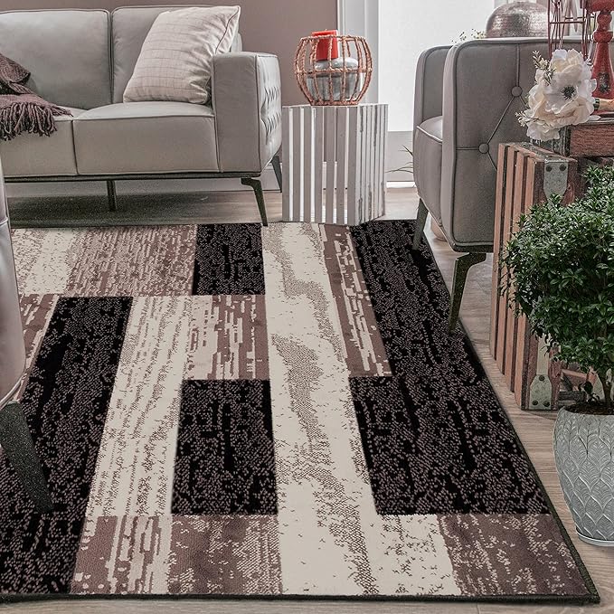 Superior Indoor Area Rug, Foam Backed, Modern Geometric Patchwork Floor Decor for Bedroom, Office, Living Room, Entryway, Hardwood Floors, Rockwood Collection, 10' x 14', Chocolate