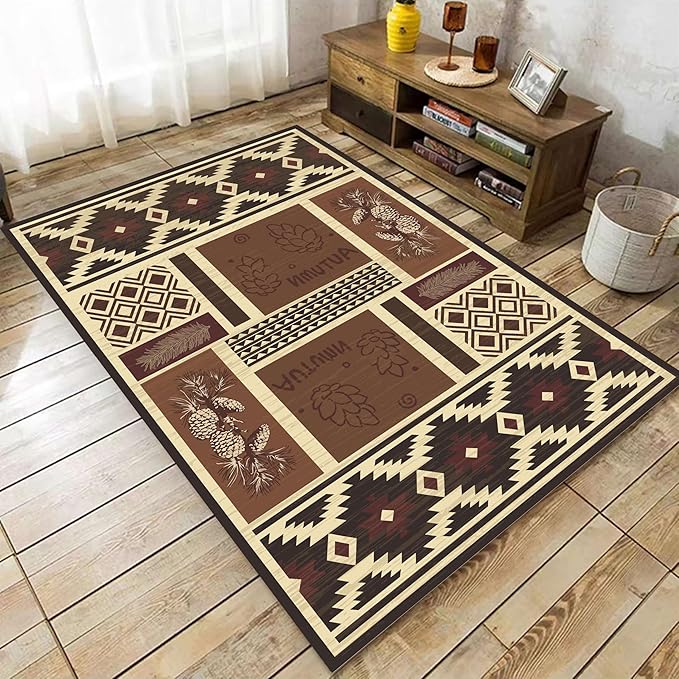 UNREASTO Western Area Rugs 4x5ft Vintage Country Southwestern Native Botanical Farmhouse Rug Floor Mats, Rustic Pine Cone Non-Slip Washable Throw Rugs for Hallway Living Room Bedroom Hardwood Floors