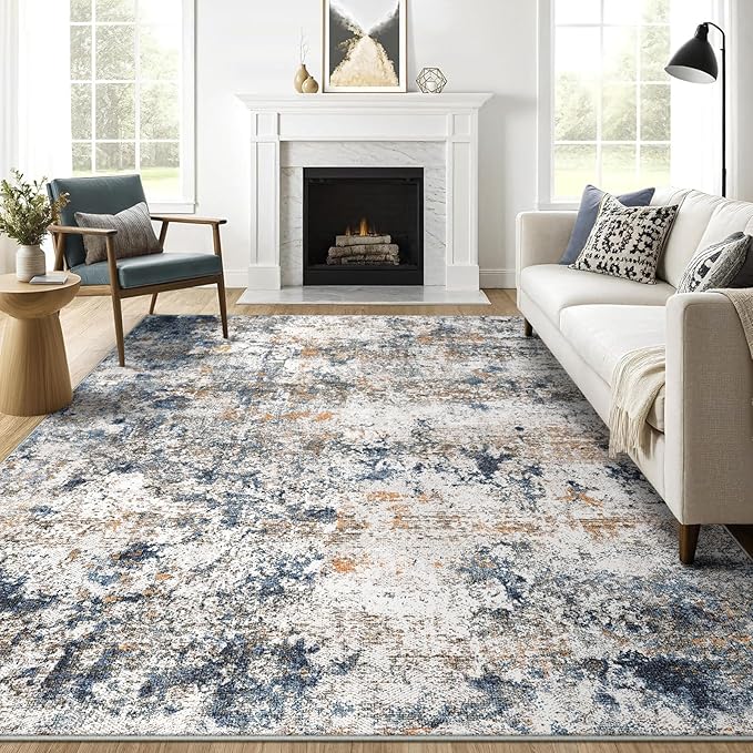 8x10 Washable Area Rug for Living Room, Multicolor Modern Vintage Abstract Rug Large Non-Slip Low Pile Soft Faux Wool Carpet, Kids and Pets Friendly for Bedroom Dining Room Farmhouse Home Decor Rug
