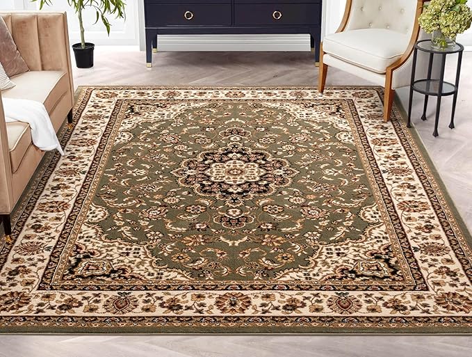 Well Woven Barclay Collection Medallion Kashan Green 5x7 Area Rug - for Living Room, Bedroom, and Dining Room