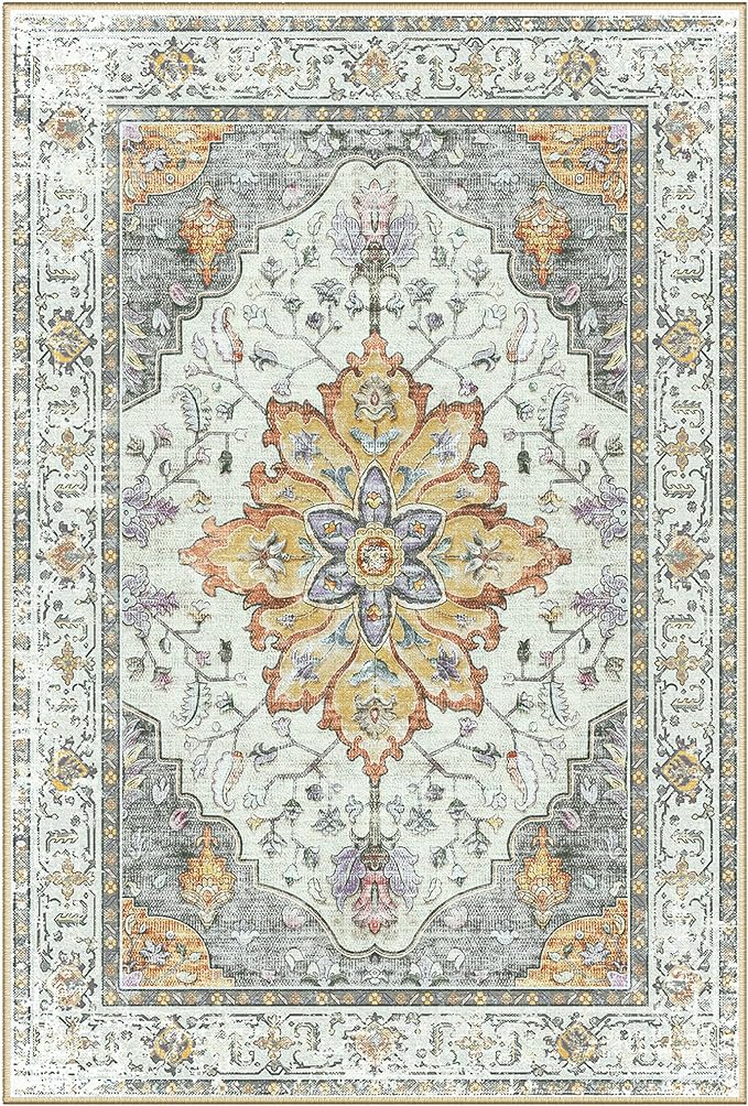 Area Rugs 2'6''x12' Washable Non-Slip, Floral Vintage Distress Print Pattern Medallion Carpet for Living Room Bedroom Dining Room, Light Yellow Carbon Grey Orange