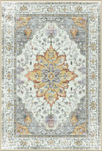 Area Rugs Square 7ft Washable Non-Slip, Floral Vintage Distress Print Pattern Medallion Carpet for Living Room Bedroom Dining Room, Light Yellow Carbon Grey Orange
