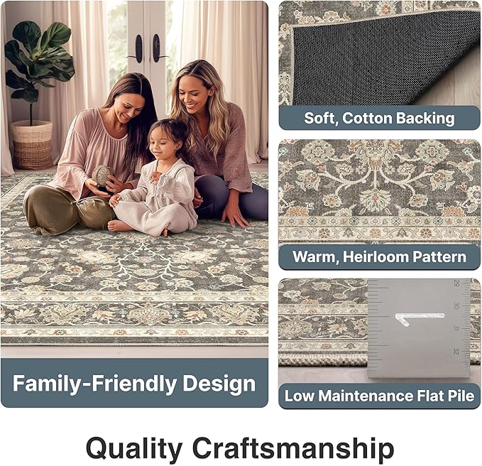 Well Woven Asha Rome Charcoal Brown 5'3" x 7'3" Area Rug - Oriental Floral Pattern, Easy Clean, Floor-Friendly Backing - for Living Room, Bedroom, and Dining Room