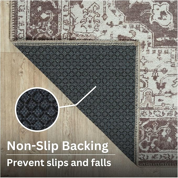 Bloom Rugs Washable Non-Slip 4' x 6' Rug - Dark Brown Traditional Medallion Area Rug for Living Room, Bedroom, Dining Room, and Kitchen - Exact Size: 4' x 6'