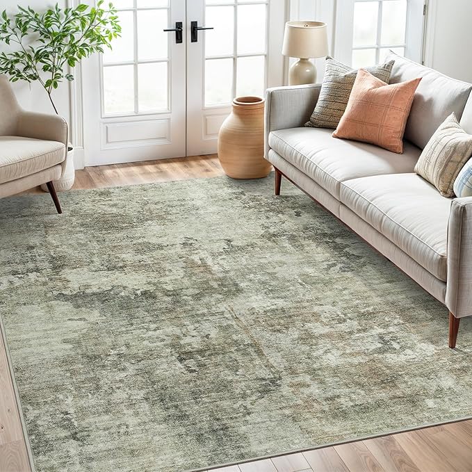Abstract Rug 8x10 Large Living Room Neutral Modern Washable Area Rugs for Bedroom Dining Room Non-Slip Stain Resistant Foldable Thin Green Black
