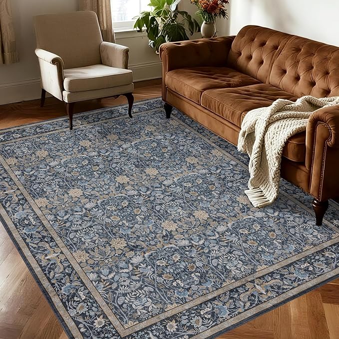 Washable Living Room Rug: 5x7 Boho Floral Soft Area Rug for Bedroom Decor - Vintage Low Pile Thin Carpet for Dining Room Non-Slip - Farmhouse Stain Resistant Rugs - Slate Blue