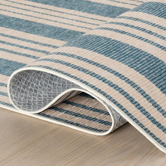 Dash & Albert Talos Blue Machine Washable Rug, 7.5 X 9.5 Feet, Blue/Ivory Stripe Pattern
