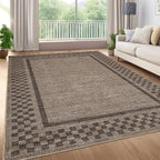 GarveeHome Machine Washable 5x7 Area Rugs Modern Bordered Living Room Rug Non Slip Checkered Geometric Bedroom Throw Carpet Soft Boho Rugs for Dining Room Nursery Home Office, Brown