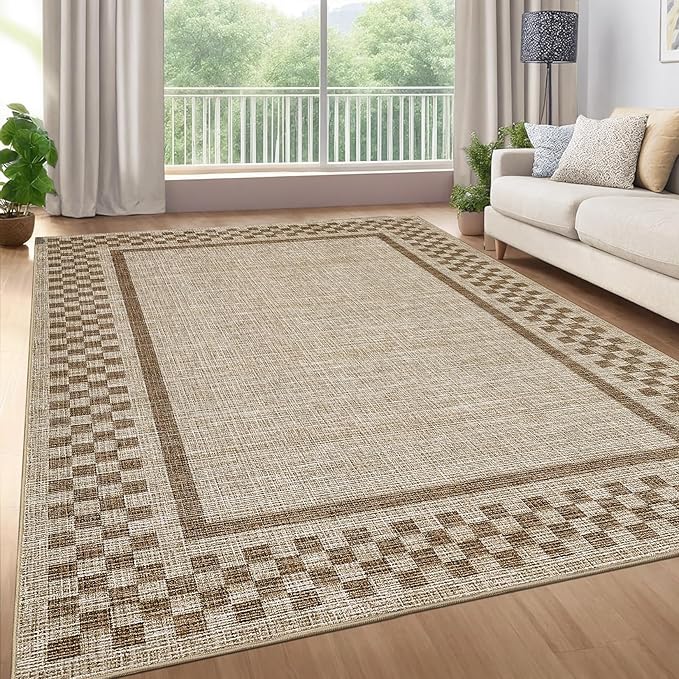 GarveeHome Washable Area Rug 4x6 Small Living Room Rugs Modern Bordered Soft Dining Room Throw Carpet Low Pile Non Slip Checkered Bedroom Rug Geometric Carpet for Nursery Kitchen Home Office, Taupe