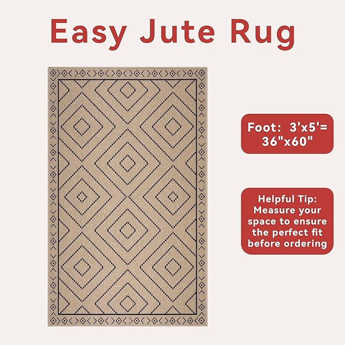 Tangsoo Modern Geometric Easy Jute Rug 3x5 Small Area Rug,Non-Slip Washable Rug for Entryway,Ultra Thin Non Shedding Indoor Outdoor Door Mat for Porch Bedroom Patio