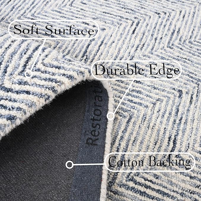 Modern Herringbone Chevron Collection Handcrafted Wool Area Rug - Durable, Zigzag Pattern, for High Traffic, Contemporary Design for Living Room, Bedroom, Dining Room Decor (Denim blue, 9' x 13')