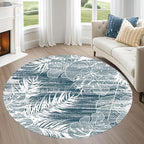 Washable Round Rug 4ft - Blue Tropical Botanical Pattern, Non-Slip Low Pile No Shedding Carpet, Soft Flannel Feel Rug for Living Room, Bedroom, Bathroom，Indoor Use