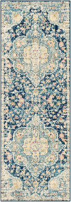 Livabliss Area Rugs - 3x7 Romaine Vintage Boho Navy Sky Blue Rose Runner Area Rug for Living Room Bedroom - Floral Medallion Stain Resistant Carpet for Kitchen, Nursery, Office (2'7" x 7'6", Runner)