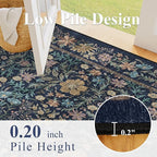 DUKINO 2x5 Washable Runner Rug, Floral Non Slip Bathroom Rugs with Soft Low Pile Design, Lightweight Non-Shedding Carpet Runner for Bathroom, Kitchen, Hallway, Bedroom, Laundry, Dark Blue