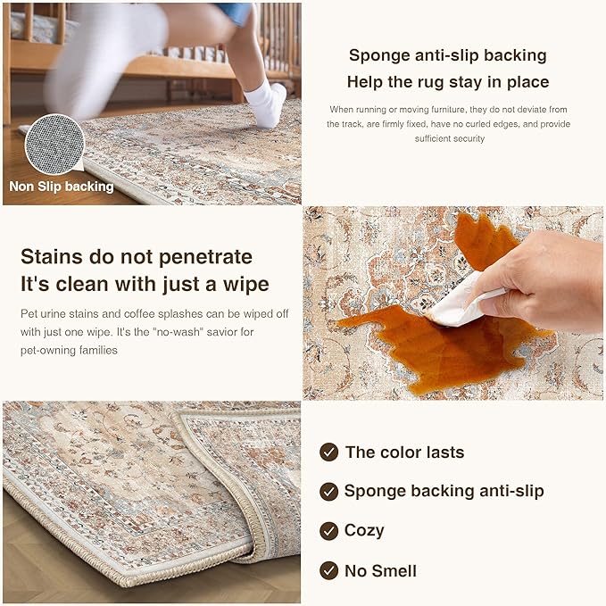 HUGEAR Machine Washable Area Rugs 5x7 Vintage Orange Living Room Bedroom Rug Neutral Style Non Slip Stain Resistant Low Pile Throw Carpet for Home Retro Aesthetic Modern Decor
