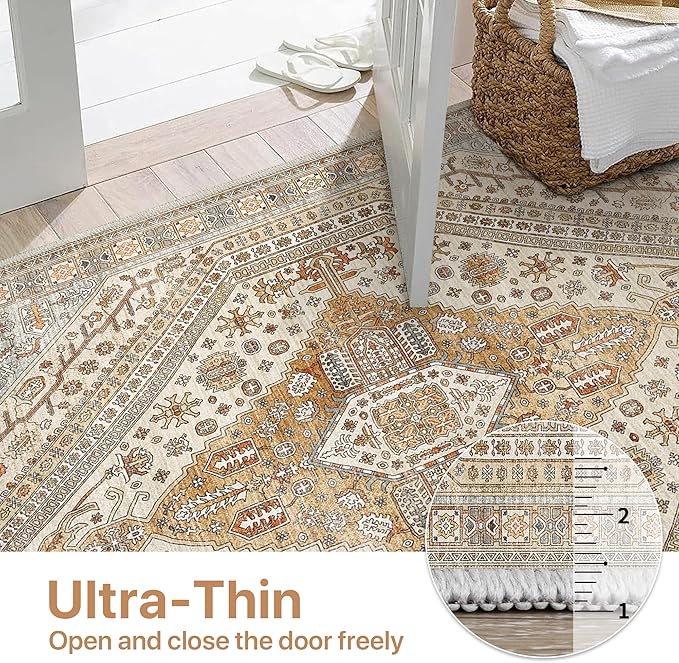 Bavni Washable Rug 8x10 Area Rug for Living Room Bedroom Dining, Washable Vintage Print Carpet, Ultra-Thin Chenille Low Pile Lightweight Rug with Non Slip Backing, Tan/Grey