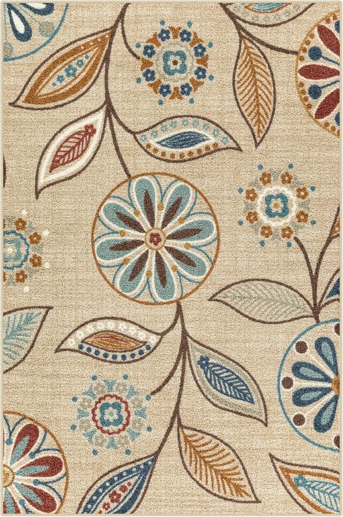 Maples Rugs Reggie Floral Area Rug - Made in USA - Washable, Non Slip, Pet-Friendly Mats for Living Room, Bedroom, and Office, 3'4 x 5, Beige