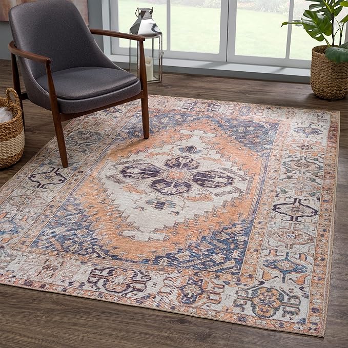 Bloom Rugs Washable 4' x 6' Rug - Orange/Blue/Beige Traditional Area Rug for Living Room, Bedroom, Dining Room, and Kitchen - Exact Size: 4' x 6'