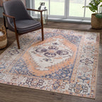 Bloom Rugs Washable 4' x 6' Rug - Orange/Blue/Beige Traditional Area Rug for Living Room, Bedroom, Dining Room, and Kitchen - Exact Size: 4' x 6'