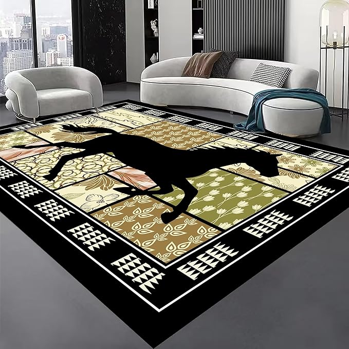 Western Horse Print Rugs 6x9ft,Boho Floral Area Rug, Botanical Print Low Pile Carpet, Stain-Resistant & Machine Washable Non-Slip Mat for Living Room, Bedroom, Dining Room