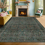 Vintage Dark Green Living Room Rug, 7x10 Washable Area Rugs for Dining Room Under Table, Bedroom, Oriental Low Pile Stain Resistant Non-Slip Thin Soft Carpet