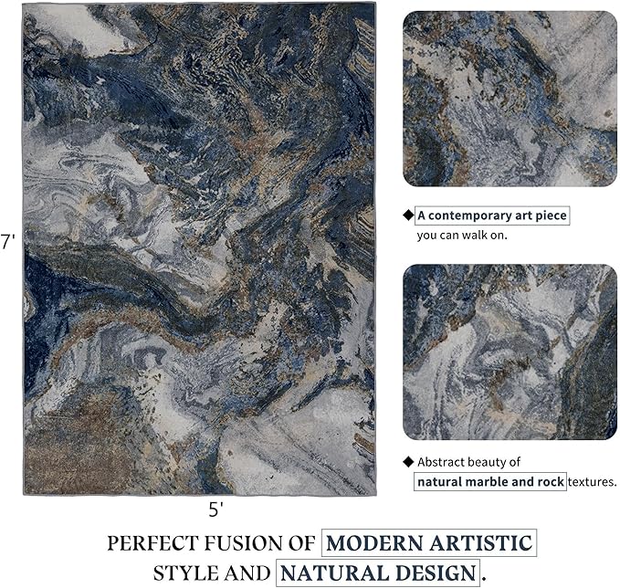 Modern Washable Rug for Living Room: Abstract 5x7 Area Rugs for Bedroom Low Pile Non Slip - Stain Resistant Carpet for Dining Room Indoor - Blue Gold