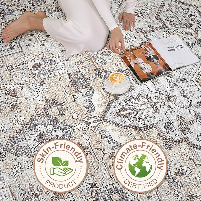 8x10 Area Rugs Living Room: Washable Boho Large Neutral Vintage Soft Rugs Stain Resistant Farmhouse Non Slip Indoor Floor Carpet for Bedroom Nursery Kids Playroom Office Dining Room Home- Ivory Gray