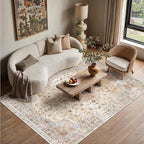 HUGEAR Machine Washable Area Rugs 5x7 Vintage Orange Living Room Bedroom Rug Neutral Style Non Slip Stain Resistant Low Pile Throw Carpet for Home Retro Aesthetic Modern Decor