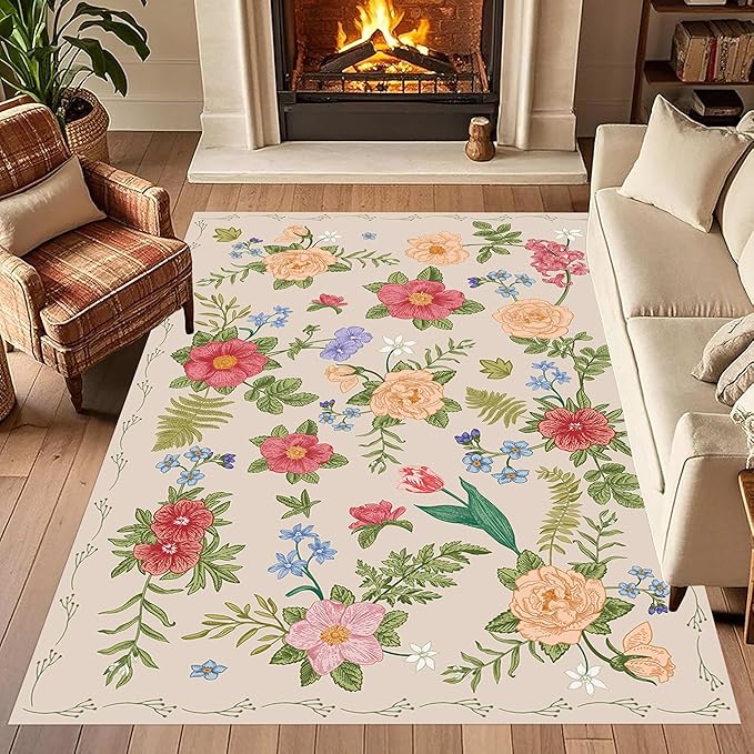 Rustic Flower Area Rug, 5x6ft, Classic Colorful Bohemian Floral Pattern with Beige Large Hall Botanical Rug, Non Slip No Crease Easy Care Girls Room Decor Carpet for Relax Room Bedroom