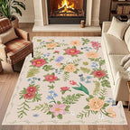 Rustic Flower Area Rug, 5x8ft, Classic Colorful Bohemian Floral Pattern with Beige Large Hall Botanical Rug, Non Slip No Crease Easy Care Girls Room Decor Carpet for Relax Room Bedroom