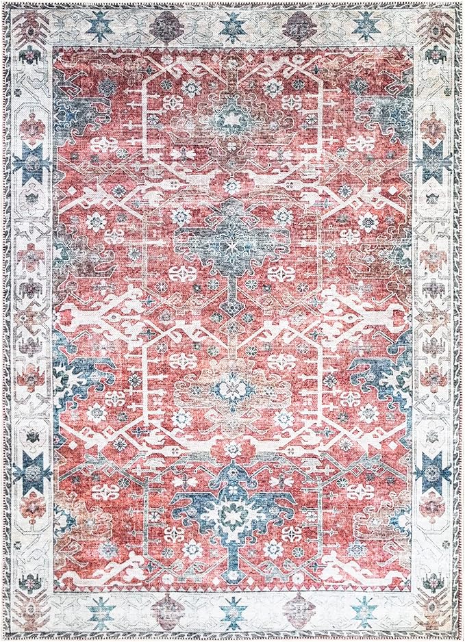 Bloom Rugs Washable Non-Slip 4' x 6' Rug - Red/Blue Traditional Area Rug for Living Room, Bedroom, Dining Room, and Kitchen - Exact Size: 4' x 6'