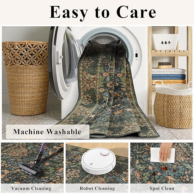 5x7 Floral Washable Area Rug for Living Room, Vintage Boho Rugs for Bedroom Dining Room, Botanical Birds Non Slip Low Pile Forest Throw Carpet for Farmhouse Office, Retro Gold/Green