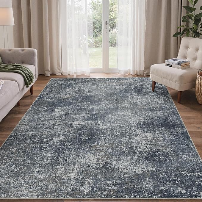 Bavni 8x10 Area Rugs Machine Washable Rug for Living Room, Modern Printed Rug Indoor Soft Area Rug for Bedroom Dining Room, Ultra-Thin Low Pile Carpet with Non Slip Rubber Backing, Dark Gray