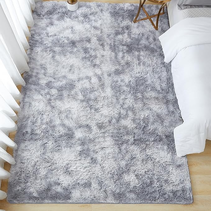 Andency 6x9 Area Rugs, Large Shag Fluffy Soft Shaggy Rugs for Living Room Bedroom, Non-Slip Tie-Dyed Light Grey Thick Plush Carpet for Kids Girls and Boys, Dorm Nursery Home Decor Aesthetic