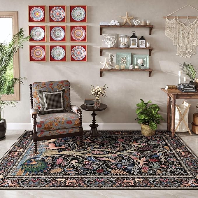 Rugcomf 3x5 Rug Vibrant Tree of Life-Patterned Vintage Non Slip Low Pile Small Carpet for Bedroom Bedside Kitchen Entryway Kids Room Office College Dorm Essentials for Girls, Black