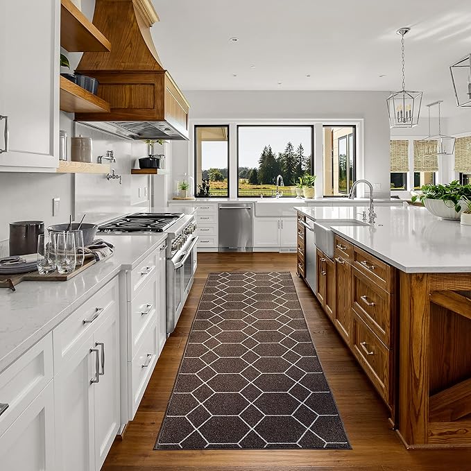 Custom Made Runner Rug for Kitchen Foyer Hallway Entry Choose Your Length Size 26 Inch Wide Geometric Lattice Design Brown Color (50 feet x 26 inch)